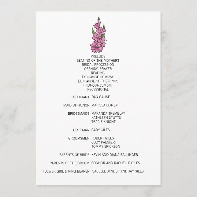 Minimalist Pink Gladiolus Wedding Program Programme (Front)