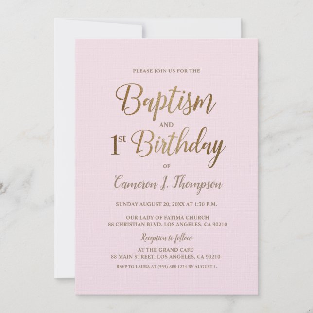 Minimalist Pink Gold Baptism 1st Birthday Invitation (Front)