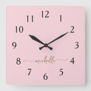 Minimalist Pink Gold Monogram Signature Script Square Wall Clock