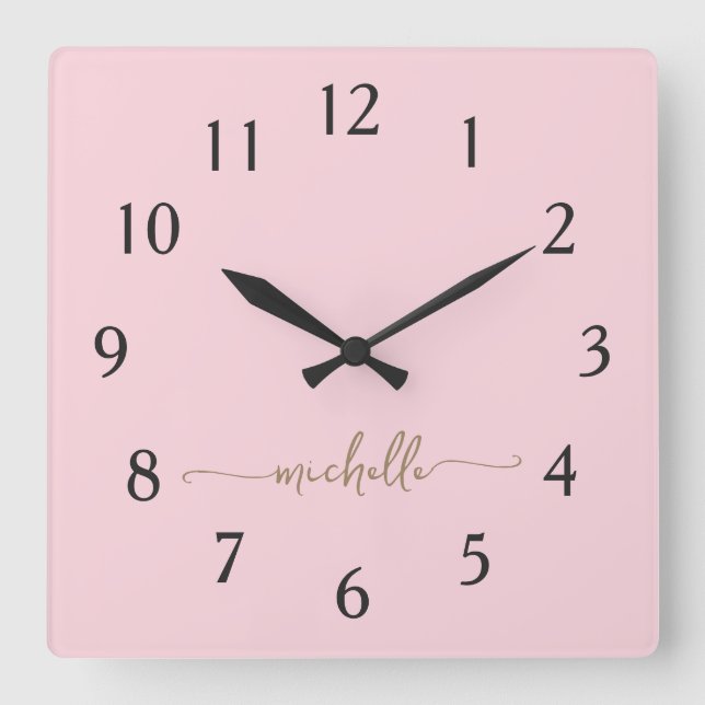 Minimalist Pink Gold Monogram Signature Script Square Wall Clock (Front)