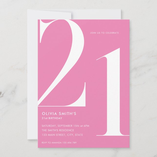 Minimalist Pink Modern Chic 21st Birthday Invitation (Front)