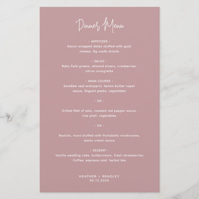 Minimalist Pink Modern Wedding Menu (Front)