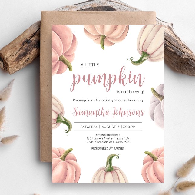 Minimalist Pink Pumpkin Fall Baby Shower Invitation (Pink Pumpkin Baby Shower Invitation )