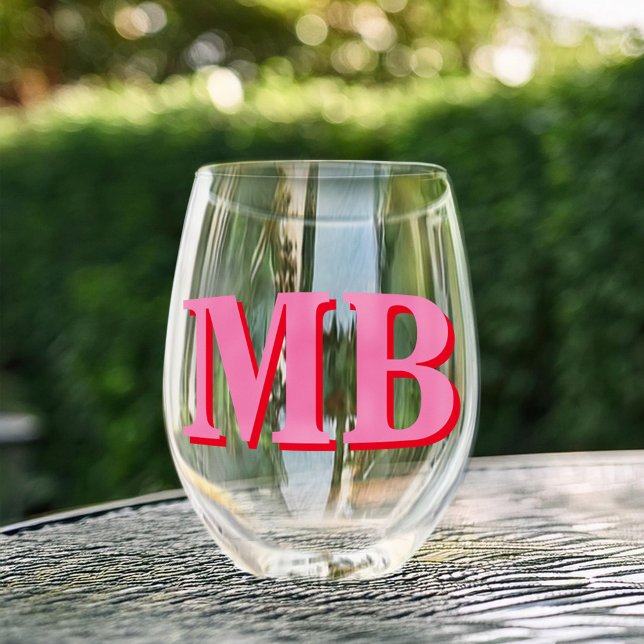 Minimalist Pink Red Modern Initial Monogram Stemless Wine Glass (Creator Uploaded)