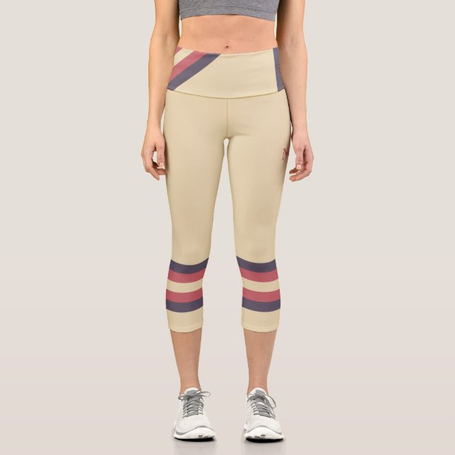 Minimalist, Pink Retro Stripes, Text on Cream Capri Leggings (Front)