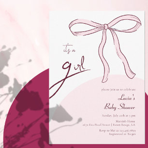 Minimalist Pink Ribbon It's a Girl Baby Shower Invitation