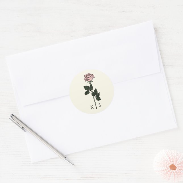 Minimalist Pink Rose Monogram Wedding Classic Round Sticker (Envelope)