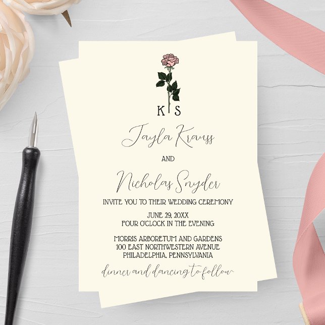 Minimalist Pink Rose Monogram Wedding  Invitation (Creator Uploaded)