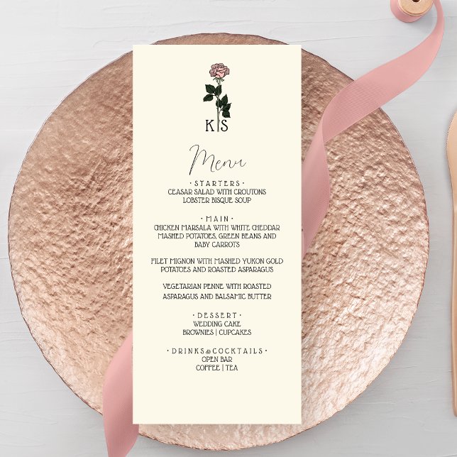 Minimalist Pink Rose Monogram Wedding Menu (Creator Uploaded)