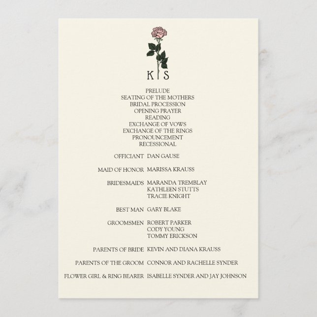 Minimalist Pink Rose Monogram Wedding Program Programme (Front)