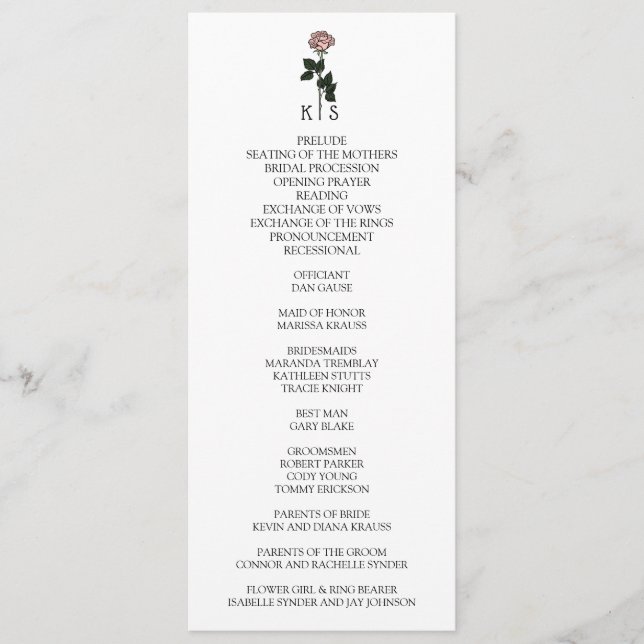 Minimalist Pink Rose Monogram Wedding Programme (Front)