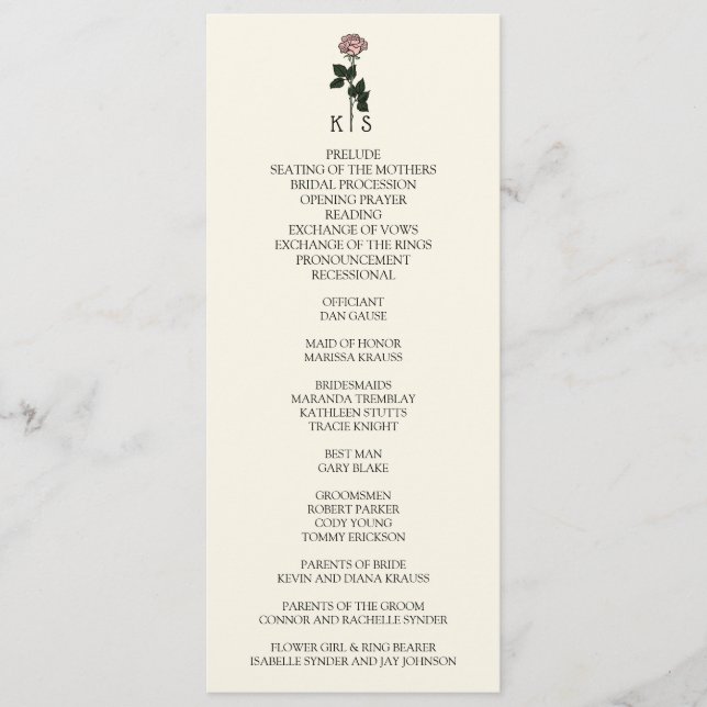 Minimalist Pink Rose Monogram Wedding Programme (Front)