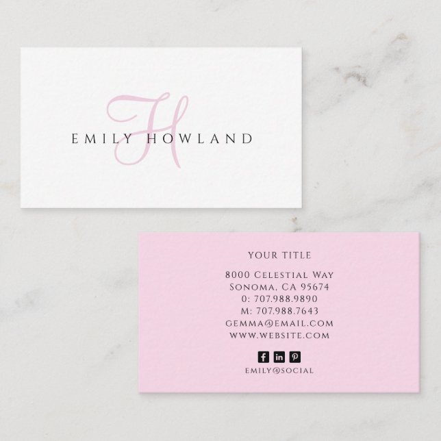 Minimalist Pink Script Monogram Name  Business Card (Front/Back)