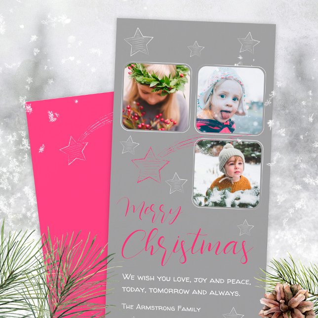 Minimalist Pink Shooting Star 3 Photo Script Holiday Card (Minimalist Pink Shooting Star 3 Photo Script Holiday Card ©Susanne Sachers - Sunny Mind Design 🌞)