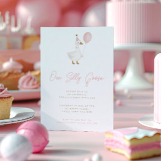 Minimalist Pink Silly Goose First Birthday Party Invitation