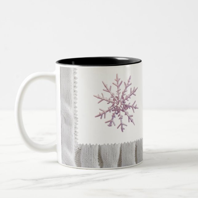 Minimalist Pink Snowflake White Cable Knit  Two-Tone Coffee Mug (Left)