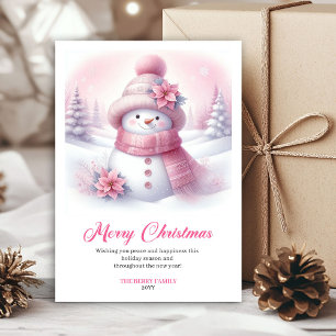 Minimalist Pink Snowman Kids Editable Christmas Holiday Card