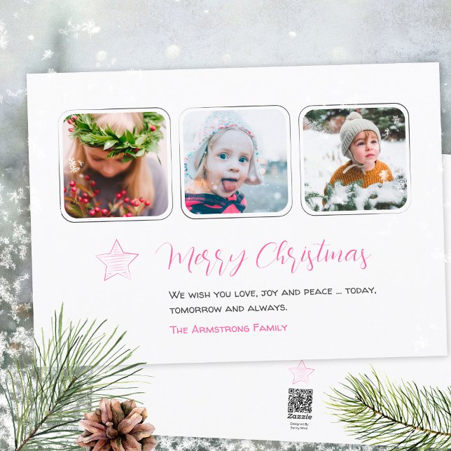 Minimalist Pink Star Handdrawn 3 Photo Script Holiday Card (Minimalist Pink Star Handdrawn 3 Photo Script Holiday Card ©Susanne Sachers - Sunny Mind Design 🌞)