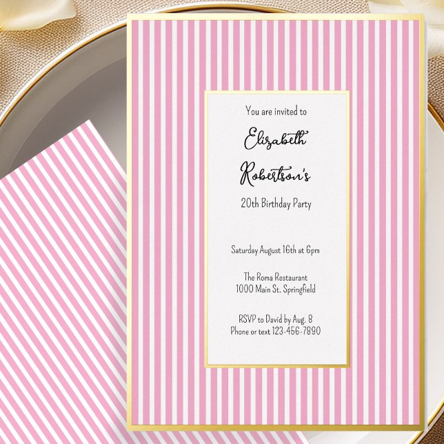 Minimalist Pink Stripes Gold 20th Birthday  (Creator Uploaded)