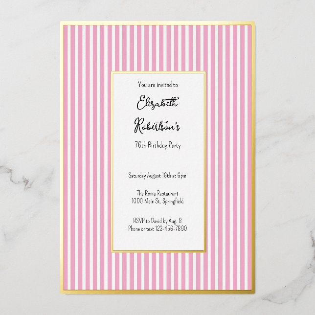 Minimalist Pink Stripes Gold 76th Birthday  (Front)