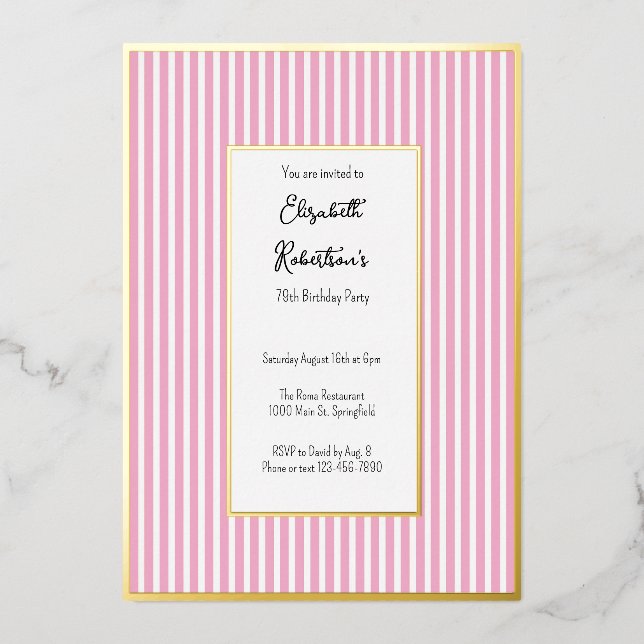 Minimalist Pink Stripes Gold 79th Birthday  (Front)