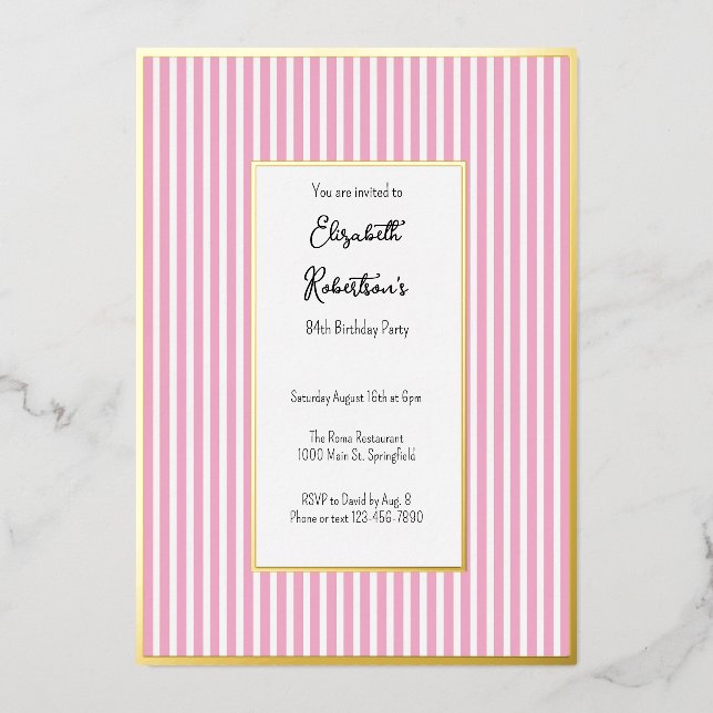 Minimalist Pink Stripes Gold 84th Birthday  (Front)