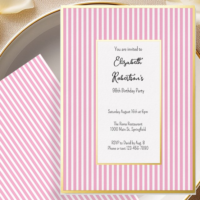 Minimalist Pink Stripes Gold 98th Birthday  (Creator Uploaded)