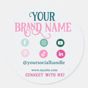 Minimalist Pink Teal Cute Social Media Business Classic Round Sticker