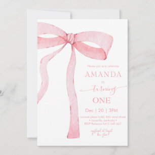 Minimalist Pink Watercolor Ribbon Birthday Invitation