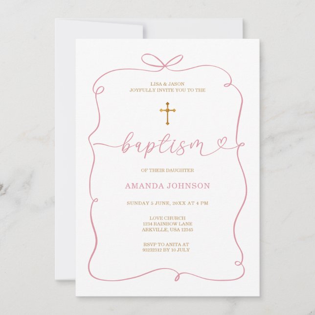 Minimalist Pink Whimsical HandDrawn Girl Baptism Invitation (Front)