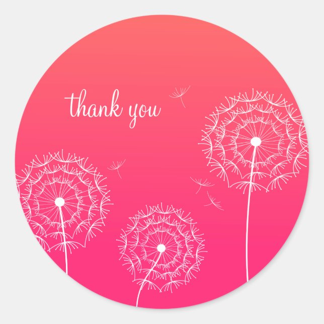 Minimalist Pink White Dandelion Flower Thank You  Classic Round Sticker (Front)