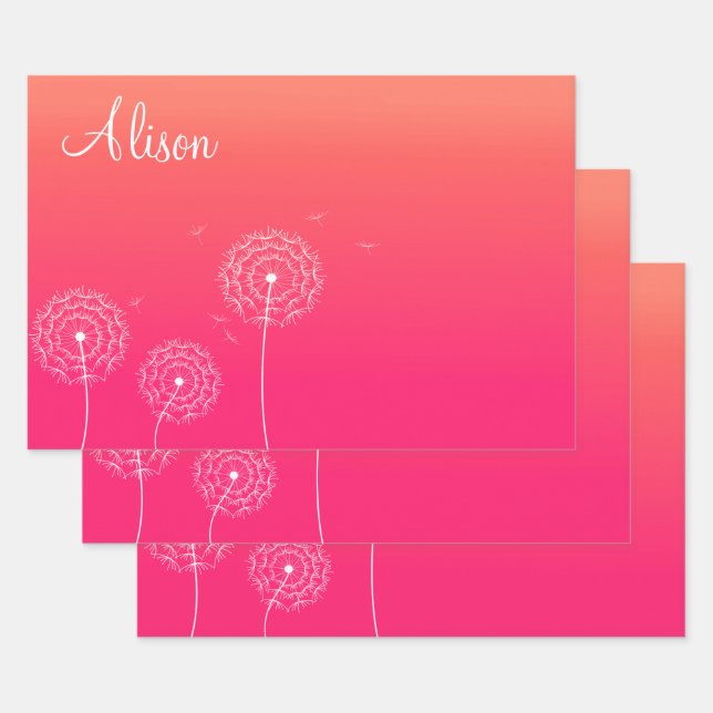 Minimalist Pink White Dandelion Name Cute Floral  Wrapping Paper Sheet (Set)