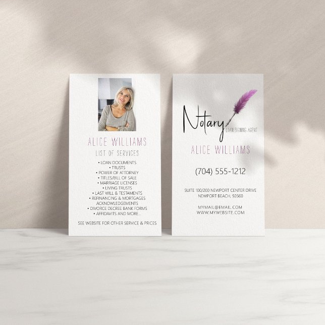 Minimalist Pink & White Notary Photo Vertical  Business Card (Creator Uploaded)