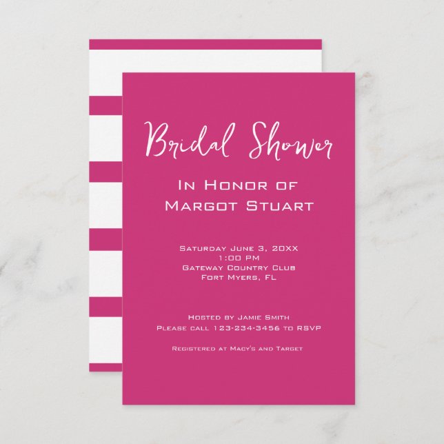 Minimalist Pink White Script Striped Bridal Shower Invitation (Front/Back)