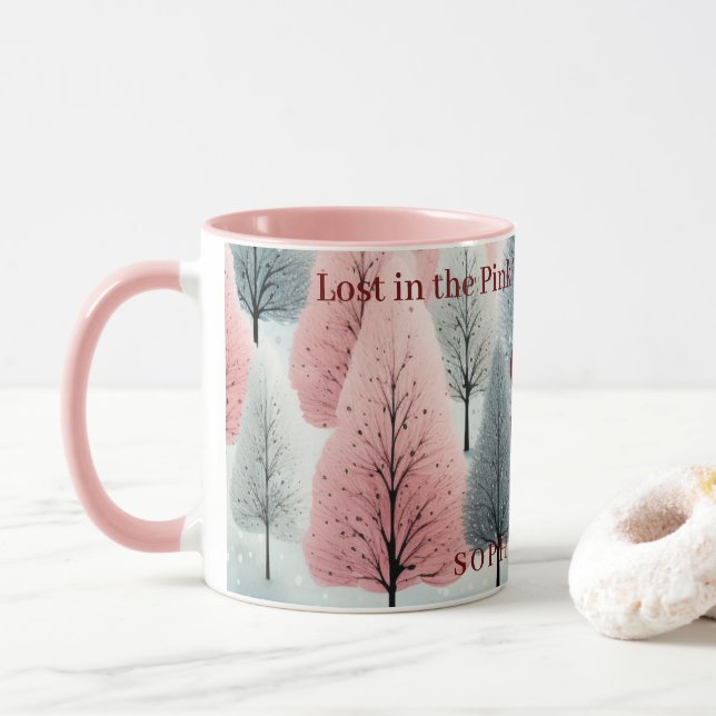 Minimalist Pink Winter Forest Wonderland Monogram Mug (With Donut)