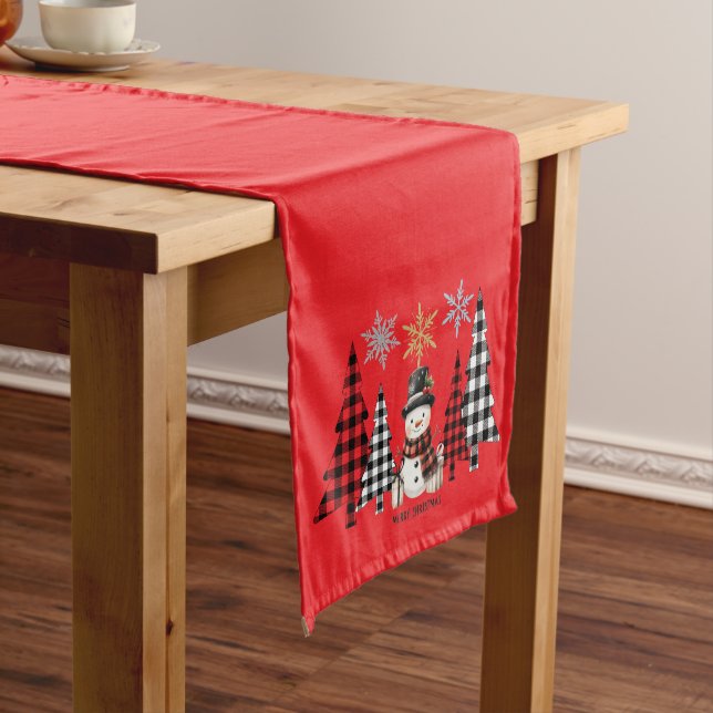 Minimalist Plaid trees and Snowman Merry Christmas Medium Table Runner (In Situ)