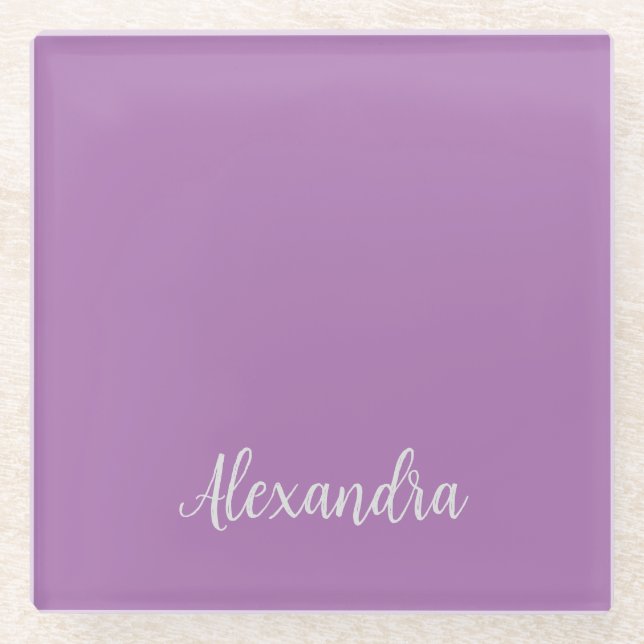 Minimalist Plain Add Name Lavender Calligraphy Glass Coaster (Front)