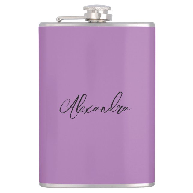 Minimalist Plain Calligraphy Own Name Lavender Hip Flask (Front)