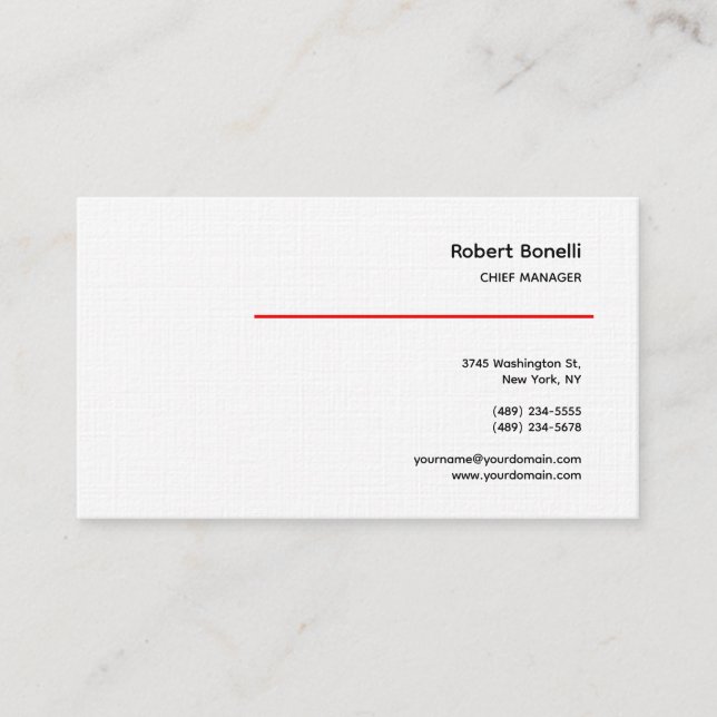 Minimalist Plain Red White Modern Premium Linen Business Card (Front)