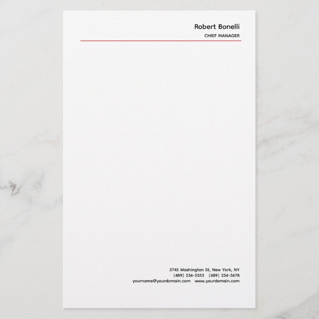 Minimalist Plain Red White Modern  Stationery (Front)