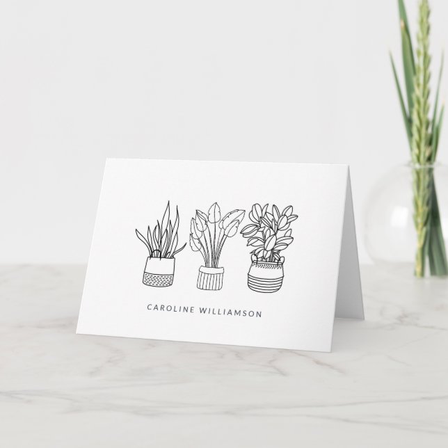Minimalist Plant Line Sketch Personalised Name Thank You Card (Front)