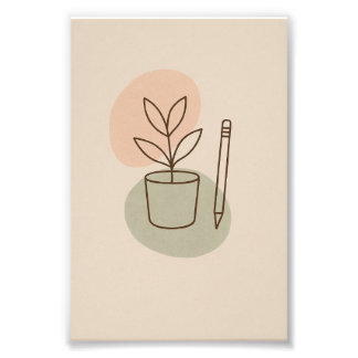 Minimalist Plant & Pencil Line Art Poster