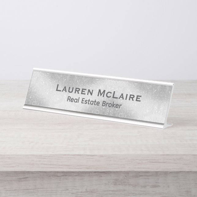 Minimalist Platinum & Diamonds Professional Desk Name Plate (Front)