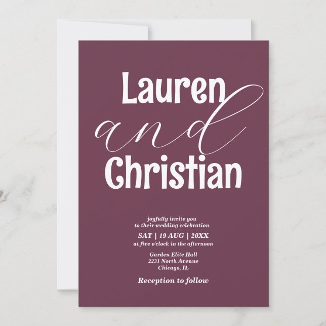 Minimalist  Plum Modern Scripture Wedding Invitation (Front)