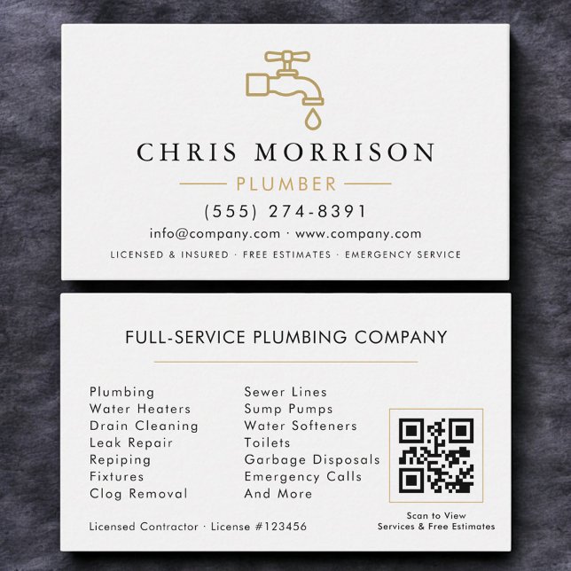 Minimalist Plumber White Gold QR Code Business Card (Creator Uploaded)