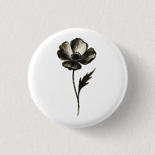 Minimalist Poppy – Monochrome Botanical Ink Art on 3 Cm Round Badge