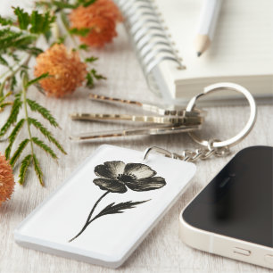 Minimalist Poppy – Monochrome Botanical Ink Art on Key Ring