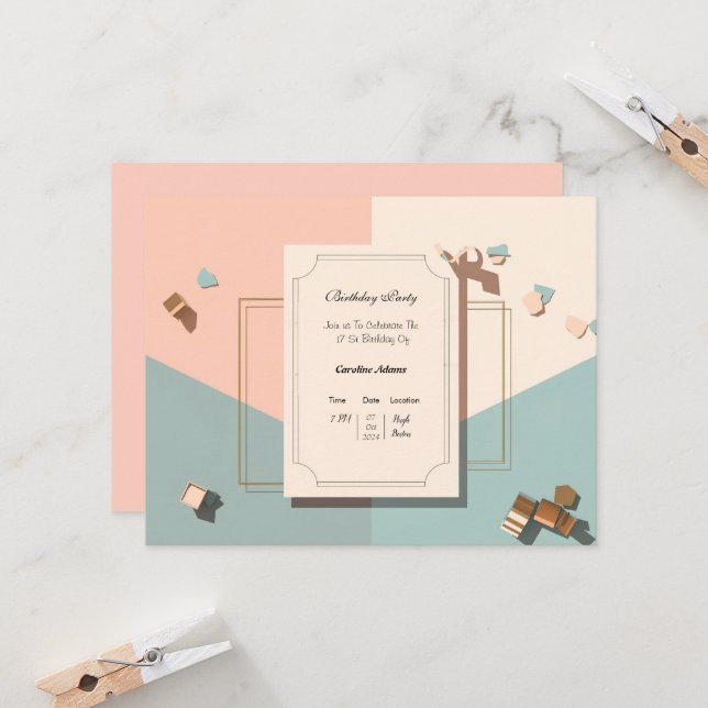 Minimalist Post Pastel Birthday Invitation Card (Front/Back In Situ)