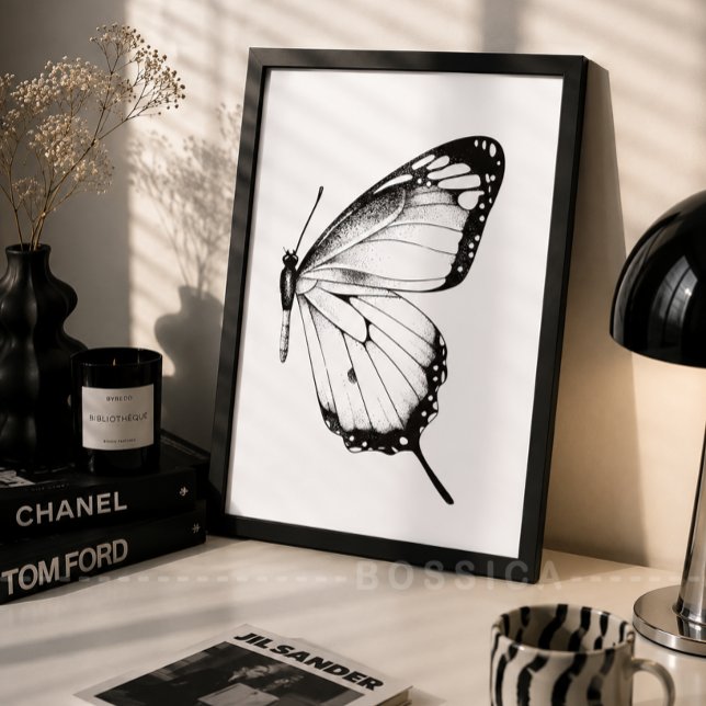 Minimalist Poster Black White Butterfly Wall Art  (Minimalist Black & White Butterfly Wall Art Poster | Modern Botanical Nature Print)