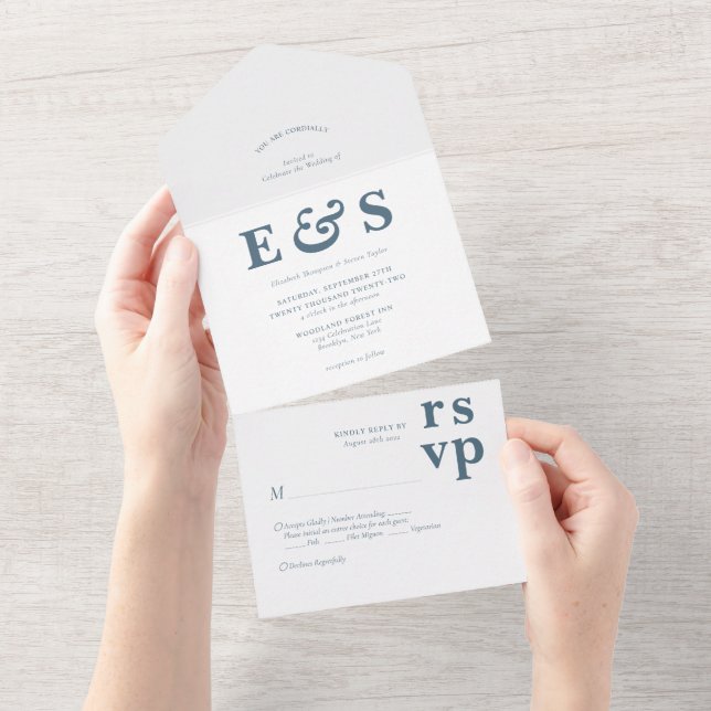 Minimalist Prep Chic Dusty Blue Monogram Wedding All In One Invitation (Tearaway)